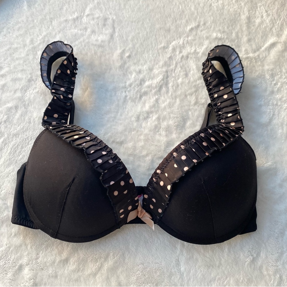 Vintage Dollette Bra Pink & Black Polka Dot Ruffle Underwire 34C Y2K Coquette